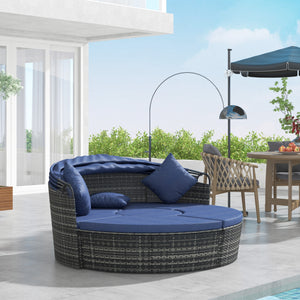 Outsunny 4-Piece Round Convertible Daybed with Cushions, Outdoor PE Rattan Patio Wicker Sofa Set, Sunbed with Adjustable Sun Canopy, Sectional Sofa, 2 Chairs, Table, 3 Pillows, Dark Blue