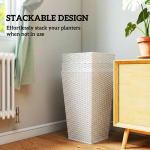 Tall Planters for Outdoor Plants Set of 3, 24 In Taper Planters with Drainage Holes, Rattan Decor Plant Pots for Indoor Outdoor Front Porch Patio Backyard, White
