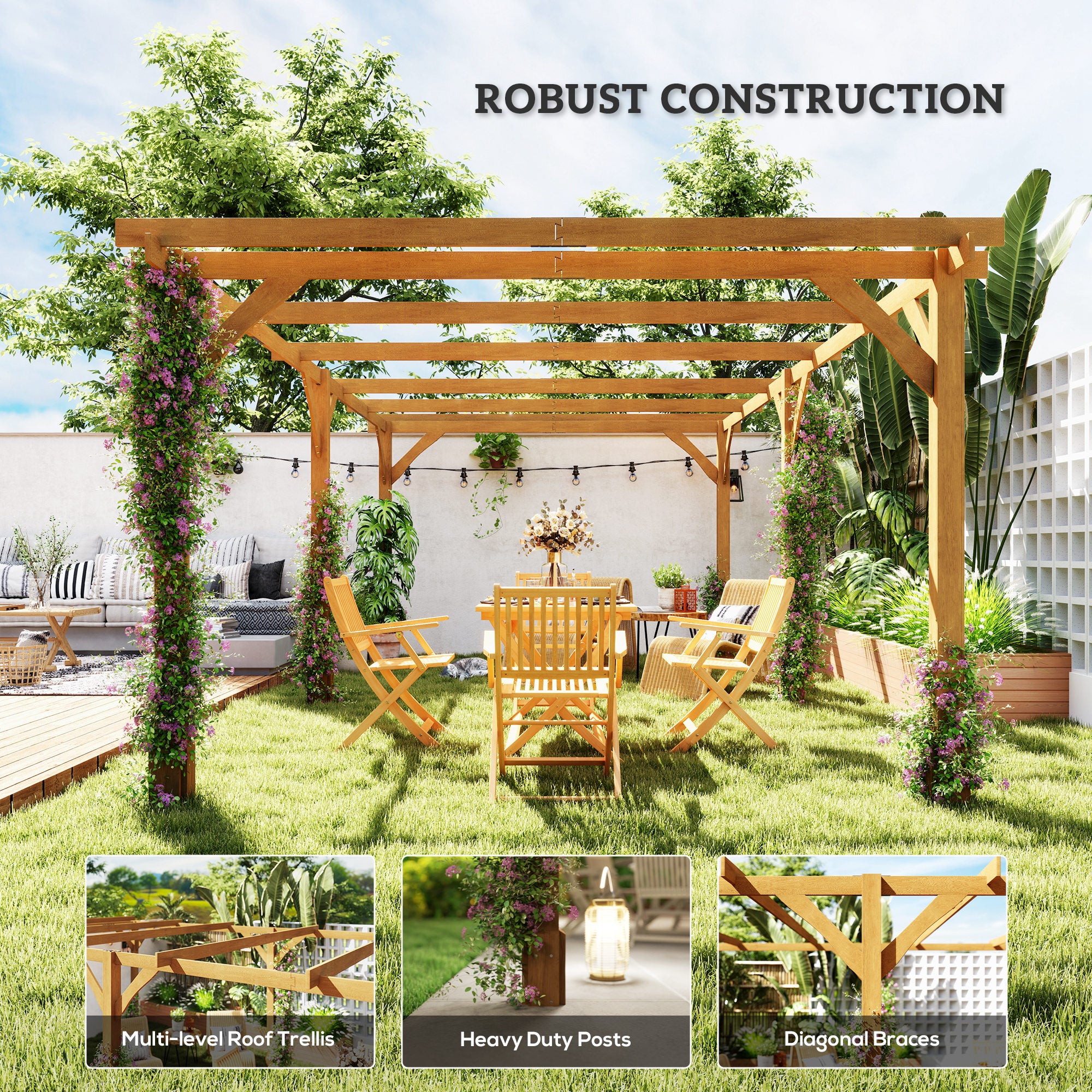 wooden trellis pagoda Outsunny 20' x 10' Wood Pergola, Outdoor Gazebo Grape Trellis with Stable Structure for Climbing Plant Support, Dark Brown
