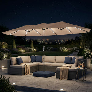 4.5m Garden Parasol Double Sided Umbrella with Base and Sandbags, 60 Solar Powered LED Lights, Patio Umbrella with Crank Handle, Ribs, Water Repellent, Khaki