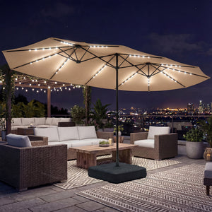 4.5m Garden Parasol Double Sided Umbrella with Base and Sandbags, 60 Solar Powered LED Lights, Patio Umbrella with Crank Handle, Ribs, Water Repellent, Khaki