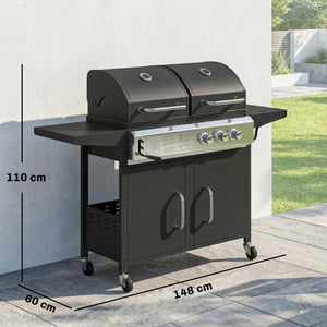 2+1 Burner Hybrid Dual Fuel BBQ Gas Grill, 2-in-1 Portable Propane & Charcoal Barbecue Grill Smoker Combo with Wheels, Warming Rack, Built-in Thermometer, Side Shelves, Cabinet, Lid, Black