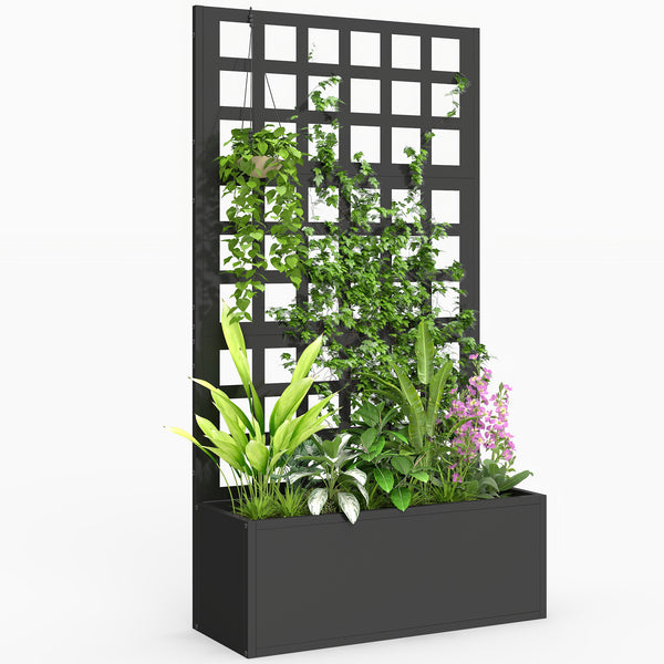 Galvanized Raised Garden Bed with Trellis, Metal Planter Box with Drainage Holes, Outdoor Privacy Screen for Climbing Plants, Vegetable, Vines, 24" x 9" x 44.5", Black