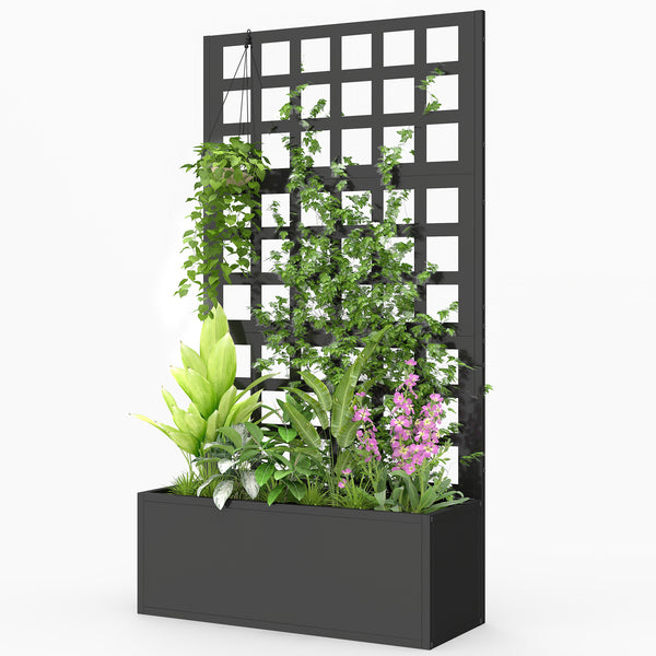 Galvanized Raised Garden Bed with Trellis, Metal Planter Box with Drainage Holes, Outdoor Privacy Screen for Climbing Plants, Vegetable, Vines, 24" x 9" x 44.5", Black