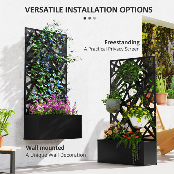 Metal Raised Garden Bed with Trellis for Climbing Plants, Freestanding or Wall Mounted Flower Bed with Privacy Panel, Leaves Cut-Outs Outdoor Planter Box for Garden, Patio, Balcony