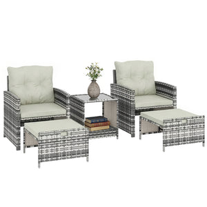 5 Piece Patio Furniture Set, Wicker Patio Chairs with Ottomans, 2-Tier Glass Coffee Table, Cushions, Outdoor Patio Furniture Conversation Set for Balcony, Grey/Cream White