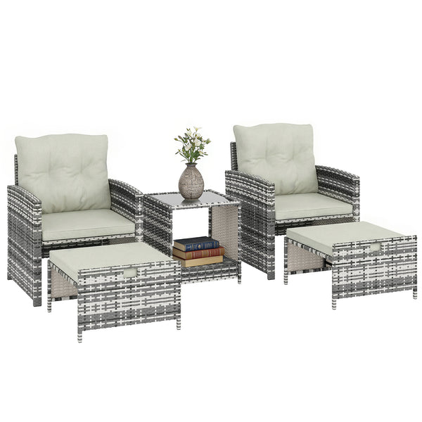 5 Piece Patio Furniture Set, Wicker Patio Chairs with Ottomans, 2-Tier Glass Coffee Table, Cushions, Outdoor Patio Furniture Conversation Set for Balcony, Grey/Cream White