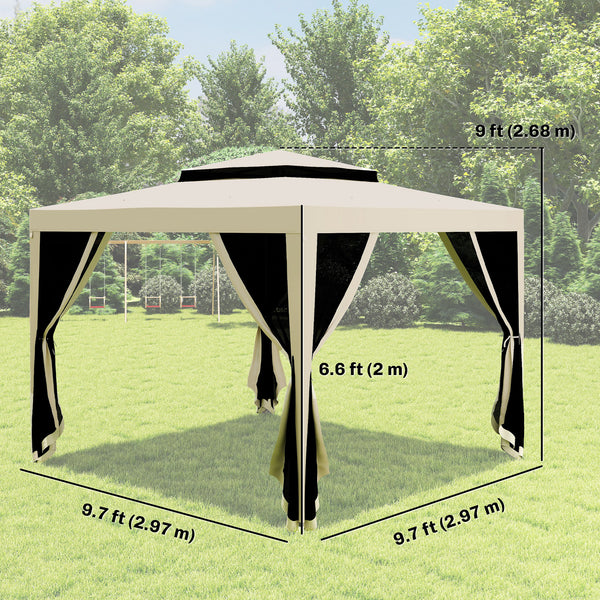 10' x 10' Canopy Tent, Party Tent with Mesh Netting and Double Tier Roof for Backyard, Garden, Patio, Outdoor, Beige