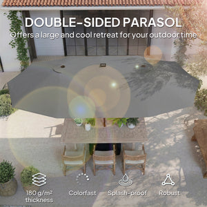 4.5m Garden Parasol Double Sided Umbrella with Base and Sandbags, 60 Solar Powered LED Lights, Patio Umbrella with Crank Handle, Ribs, Water Repellent, Grey