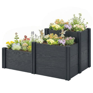 Vinyl Raised Garden Bed Kit, 3-Tier Elevated Garden Box with Open Bottom, Outdoor Raised Planter Box for Flowers, Herbs, Vegetables, DIY Assembly, Grey Wood Effect