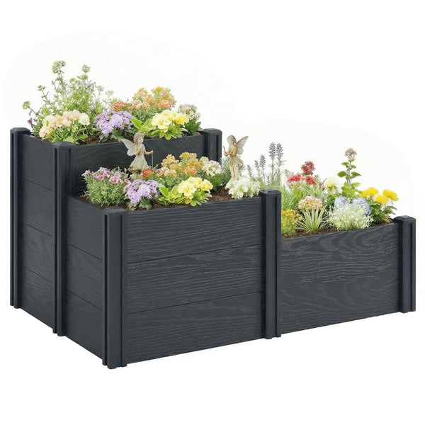 Vinyl Raised Garden Bed Kit, 3-Tier Elevated Garden Box with Open Bottom, Outdoor Raised Planter Box for Flowers, Herbs, Vegetables, DIY Assembly, Grey Wood Effect