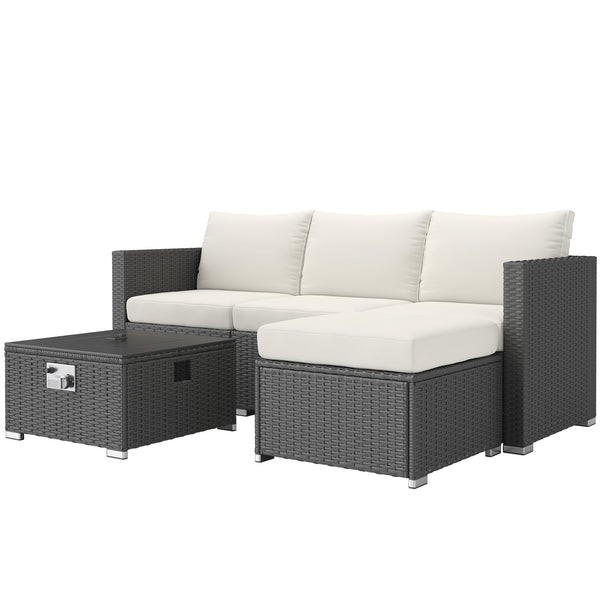 5 Piece Rattan Garden Furniture Set with Gas Fire Pit Table, 4 Seater Outdoor Sectional Sofa Set with Footstool and Removable Cushions, Modular Combination, Black and Cream White