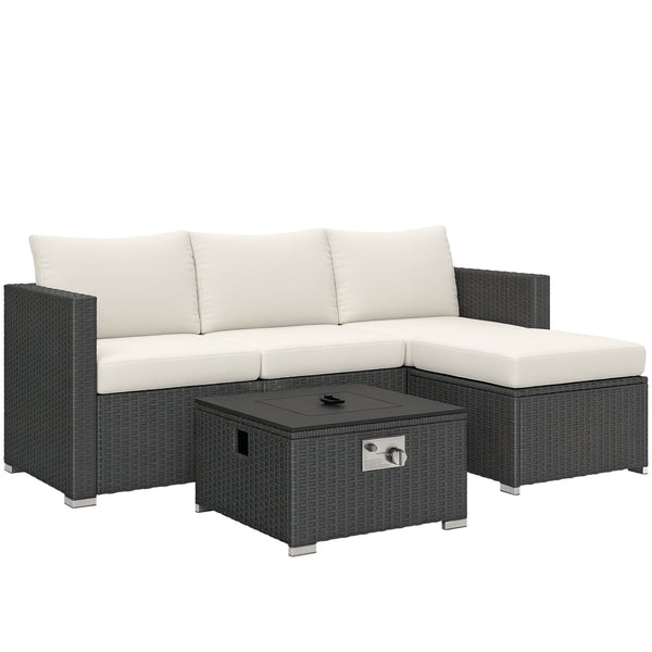 5 Piece Rattan Garden Furniture Set with Gas Fire Pit Table, 4 Seater Outdoor Sectional Sofa Set with Footstool and Removable Cushions, Modular Combination, Black and Cream White