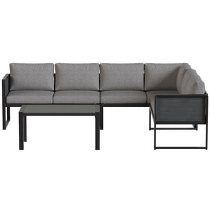 6 Seater Metal Garden Furniture Set, Corner Garden Sofa Set with 3 Texteline Loveseats, Faux Wood Top Coffee Table, L-Shape Outdoor Conversation Furniture with Cushions, Dark Grey