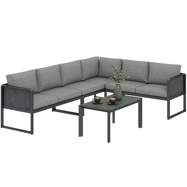 6 Seater Metal Garden Furniture Set, Corner Garden Sofa Set with 3 Texteline Loveseats, Faux Wood Top Coffee Table, L-Shape Outdoor Conversation Furniture with Cushions, Dark Grey