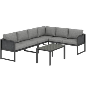 6 Seater Metal Garden Furniture Set, Corner Garden Sofa Set with 3 Texteline Loveseats, Faux Wood Top Coffee Table, L-Shape Outdoor Conversation Furniture with Cushions, Dark Grey