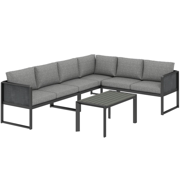 6 Seater Metal Garden Furniture Set, Corner Garden Sofa Set with 3 Texteline Loveseats, Faux Wood Top Coffee Table, L-Shape Outdoor Conversation Furniture with Cushions, Dark Grey