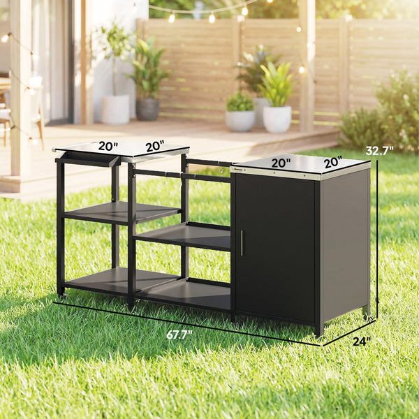 Grill Table for Big Green Egg Grill, Heavy Duty Metal BBQ Prep Table with Stainless Steel Top, Storage Cabinet, Spice Rack, Paper Towel Rack, Outdoor Kitchen Island with Wheels, Hooks, Handle