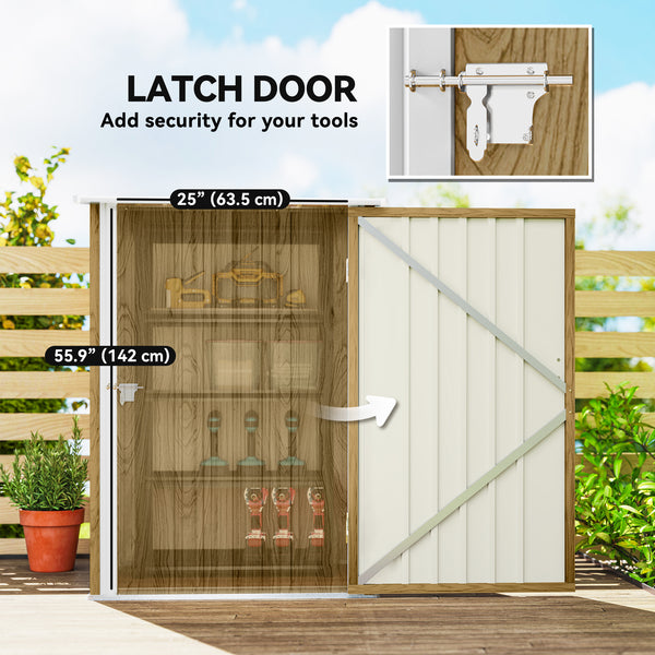 3' x 3' Lean-to Garden Storage Shed, Outdoor Galvanized Steel Tool House with Lockable Door for Patio, Backyard Lawn, Light Brown Wood Effect
