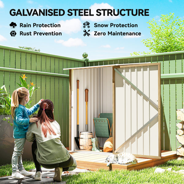 3' x 3' Lean-to Garden Storage Shed, Outdoor Galvanized Steel Tool House with Lockable Door for Patio, Backyard Lawn, Light Brown Wood Effect