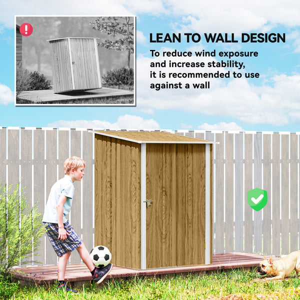 3' x 3' Lean-to Garden Storage Shed, Outdoor Galvanized Steel Tool House with Lockable Door for Patio, Backyard Lawn, Light Brown Wood Effect