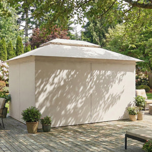 3 x 4 m Outdoor Garden Gazebo with Netting and Curtains, UPF50+ Double Roof Patio Gazebo Permanent Pavilion Canopy Shelter with Metal Frame, Drainage Holes, Beige