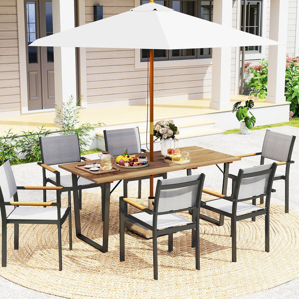 Wooden Outdoor Dining Table for 6, 69" x 32" Rectangular Patio Table with 2" Umbrella Hole, Slatted Tabletop, Indoor Outdoor Dining Furniture for Yard, Deck, Lawn