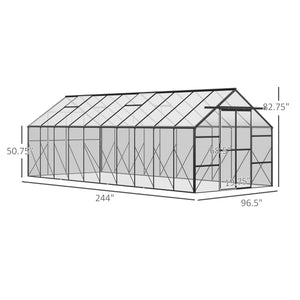 Outsunny 20' x 8' Aluminum Greenhouse Polycarbonate Walk-in Garden Greenhouse Kit with Adjustable Roof Vent, Rain Gutter and Sliding Door for Winter, Clear