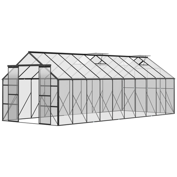 Outsunny 20' x 8' Aluminum Greenhouse Polycarbonate Walk-in Garden Greenhouse Kit with Adjustable Roof Vent, Rain Gutter and Sliding Door for Winter, Clear