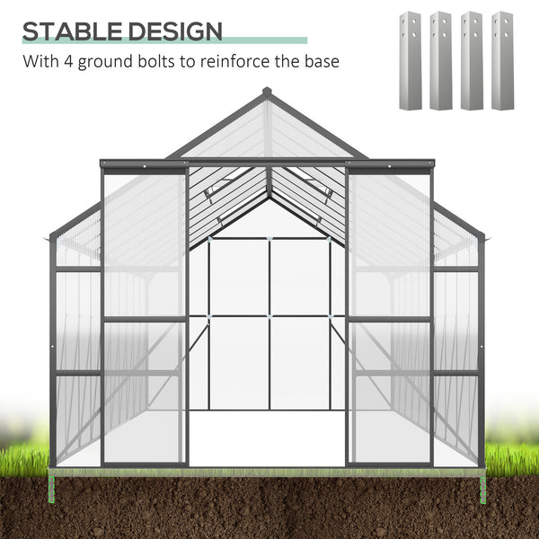 Outsunny 20' x 8' Aluminum Greenhouse Polycarbonate Walk-in Garden Greenhouse Kit with Adjustable Roof Vent, Rain Gutter and Sliding Door for Winter, Clear