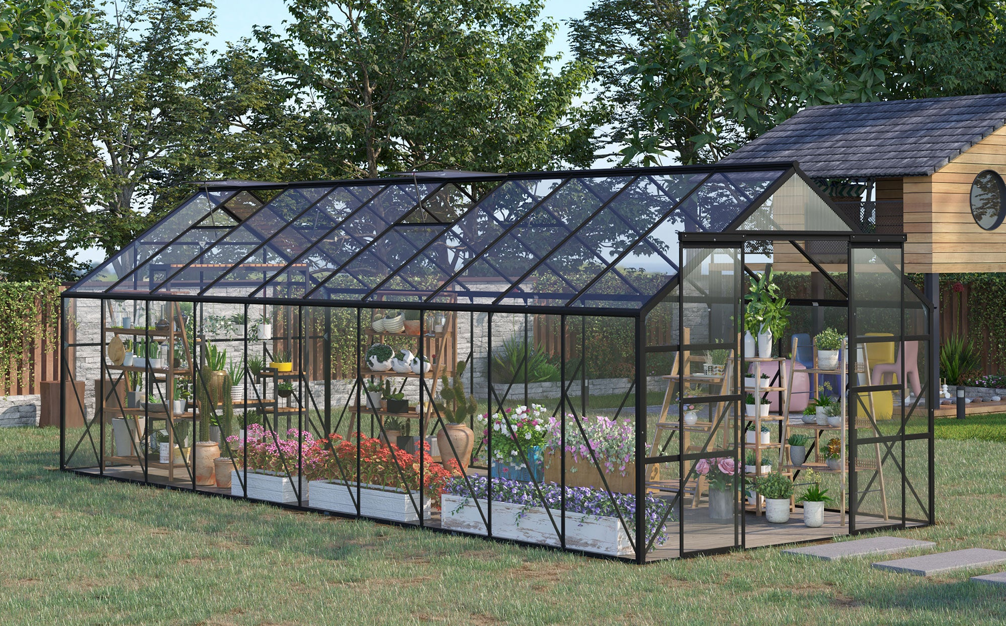 Large glass greenhouse with plants and garden furniture