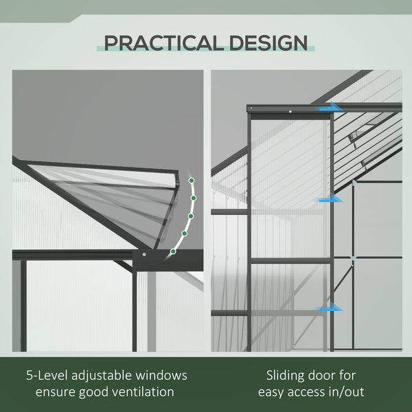 Outsunny 20' x 8' Aluminum Greenhouse Polycarbonate Walk-in Garden Greenhouse Kit with Adjustable Roof Vent, Rain Gutter and Sliding Door for Winter, Clear