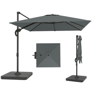 8' x 8' Offset Cantilever Patio Umbrella with Base Weights, UPF50+ Square Outdoor Cantilever Parasol with 360° Rotation, 5 Level Adjustable Tilt, Aluminum Pole, Dark Grey