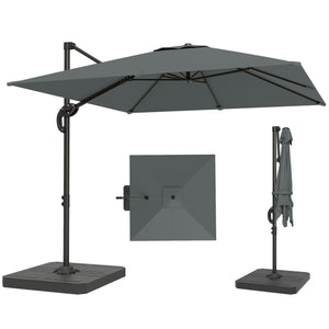 8' x 8' Offset Cantilever Patio Umbrella with Base Weights, UPF50+ Square Outdoor Cantilever Parasol with 360° Rotation, 5 Level Adjustable Tilt, Aluminum Pole, Dark Grey