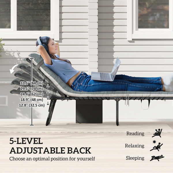 Folding Outdoor Lounge Chair Set of 2, 5-Position Reclining Patio Chaise Lounge Chairs, Tanning Chair with Cushion, Headrest, Side Pocket for Beach, Poolside, Grey