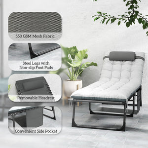 Folding Outdoor Lounge Chair Set of 2, 5-Position Reclining Patio Chaise Lounge Chairs, Tanning Chair with Cushion, Headrest, Side Pocket for Beach, Poolside, Grey