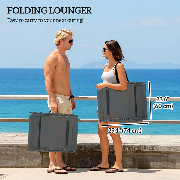 Folding Outdoor Lounge Chair Set of 2, 5-Position Reclining Patio Chaise Lounge Chairs, Tanning Chair with Cushion, Headrest, Side Pocket for Beach, Poolside, Grey