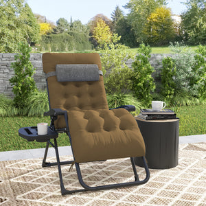Padded Zero Gravity Chair, Folding Recliner Chair, Patio Lounger with Cup Holder, Adjustable Backrest, Removable Cushion for Outdoor, Deck, Poolside, Light Khaki