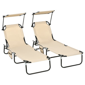 Outsunny Folding Chaise Lounge Pool Lounge Chairs Set of 2, Outdoor Sun Tanning Chairs with Canopy Shade, Reclining Back, Steel Frame and Side Pocket for Beach, Yard, Patio, Tan