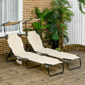 Outsunny Folding Chaise Lounge Pool Lounge Chairs Set of 2, Outdoor Sun Tanning Chairs with Canopy Shade, Reclining Back, Steel Frame and Side Pocket for Beach, Yard, Patio, Tan