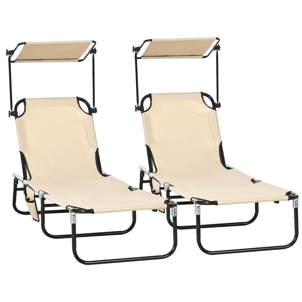 Outsunny Folding Chaise Lounge Pool Lounge Chairs Set of 2, Outdoor Sun Tanning Chairs with Canopy Shade, Reclining Back, Steel Frame and Side Pocket for Beach, Yard, Patio, Tan