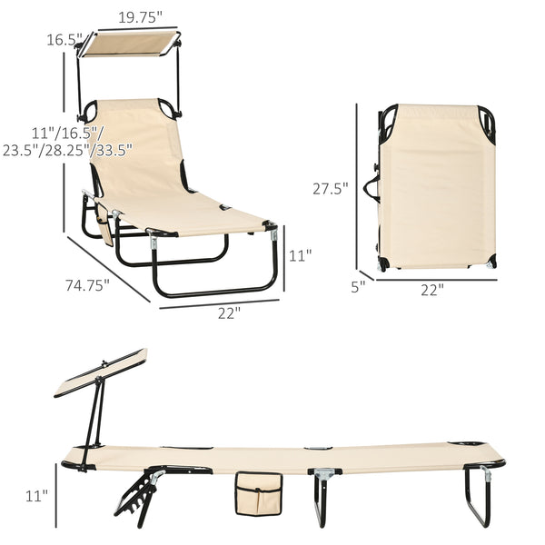 Outsunny Folding Chaise Lounge Pool Lounge Chairs Set of 2, Outdoor Sun Tanning Chairs with Canopy Shade, Reclining Back, Steel Frame and Side Pocket for Beach, Yard, Patio, Tan