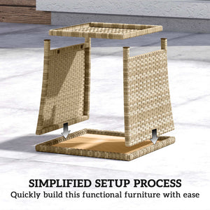 2-Tier PE Rattan Side Table with Storage Shelf, Square Outdoor Coffee Table with PS Wood Slat Top, UV-Resistant for Patio, Garden, Balcony, Khaki