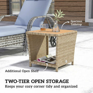 2-Tier PE Rattan Side Table with Storage Shelf, Square Outdoor Coffee Table with PS Wood Slat Top, UV-Resistant for Patio, Garden, Balcony, Khaki