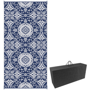 Outdoor Rug for Patio, 9' x 18' Waterproof Large Mat, Reversible Plastic Straw Rug for Decor, Portable Outside RV Camping Area Carpet Mat for Backyard Porch Deck Picnic, Blue & White Floral