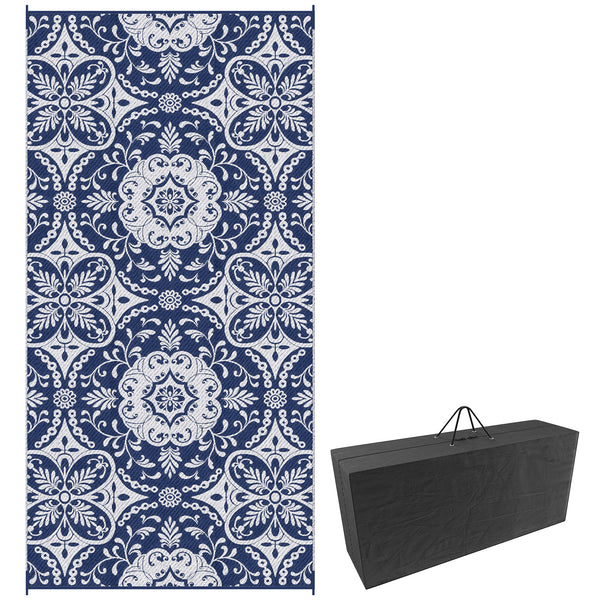 Outdoor Rug for Patio, 9' x 18' Waterproof Large Mat, Reversible Plastic Straw Rug for Decor, Portable Outside RV Camping Area Carpet Mat for Backyard Porch Deck Picnic, Blue & White Floral