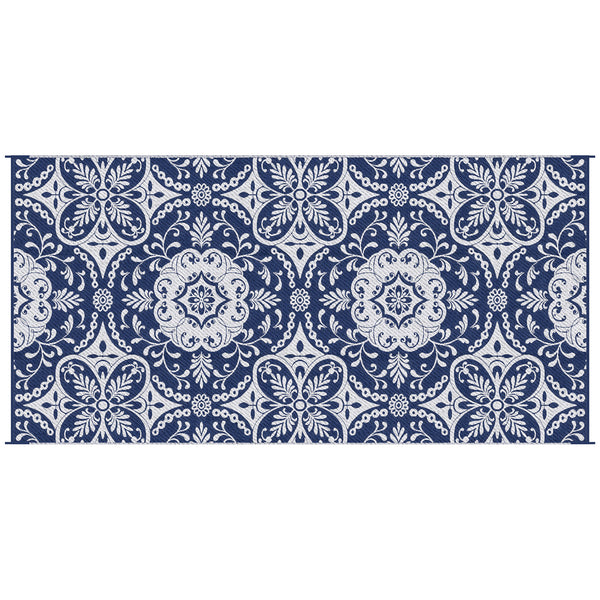 Outdoor Rug for Patio, 9' x 18' Waterproof Large Mat, Reversible Plastic Straw Rug for Decor, Portable Outside RV Camping Area Carpet Mat for Backyard Porch Deck Picnic, Blue & White Floral