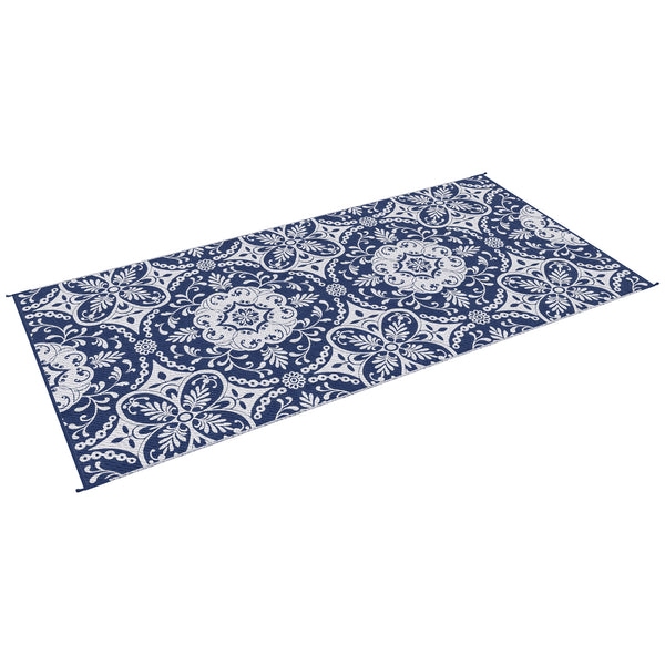 Outdoor Rug for Patio, 9' x 18' Waterproof Large Mat, Reversible Plastic Straw Rug for Decor, Portable Outside RV Camping Area Carpet Mat for Backyard Porch Deck Picnic, Blue & White Floral