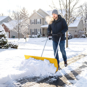 37-Inch Extra Wide Snow Shovel with Wheels, Heavy Duty Aluminum Snow Pusher with Ergonomic Adjustable Handle, Angled Blade and Non-Slip Grip for Driveway, Sidewalks, Garden, Deck, Yellow