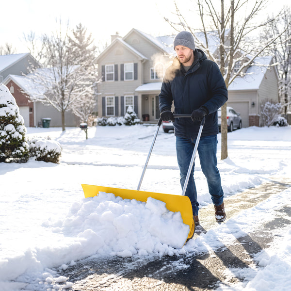 37-Inch Extra Wide Snow Shovel with Wheels, Heavy Duty Aluminum Snow Pusher with Ergonomic Adjustable Handle, Angled Blade and Non-Slip Grip for Driveway, Sidewalks, Garden, Deck, Yellow